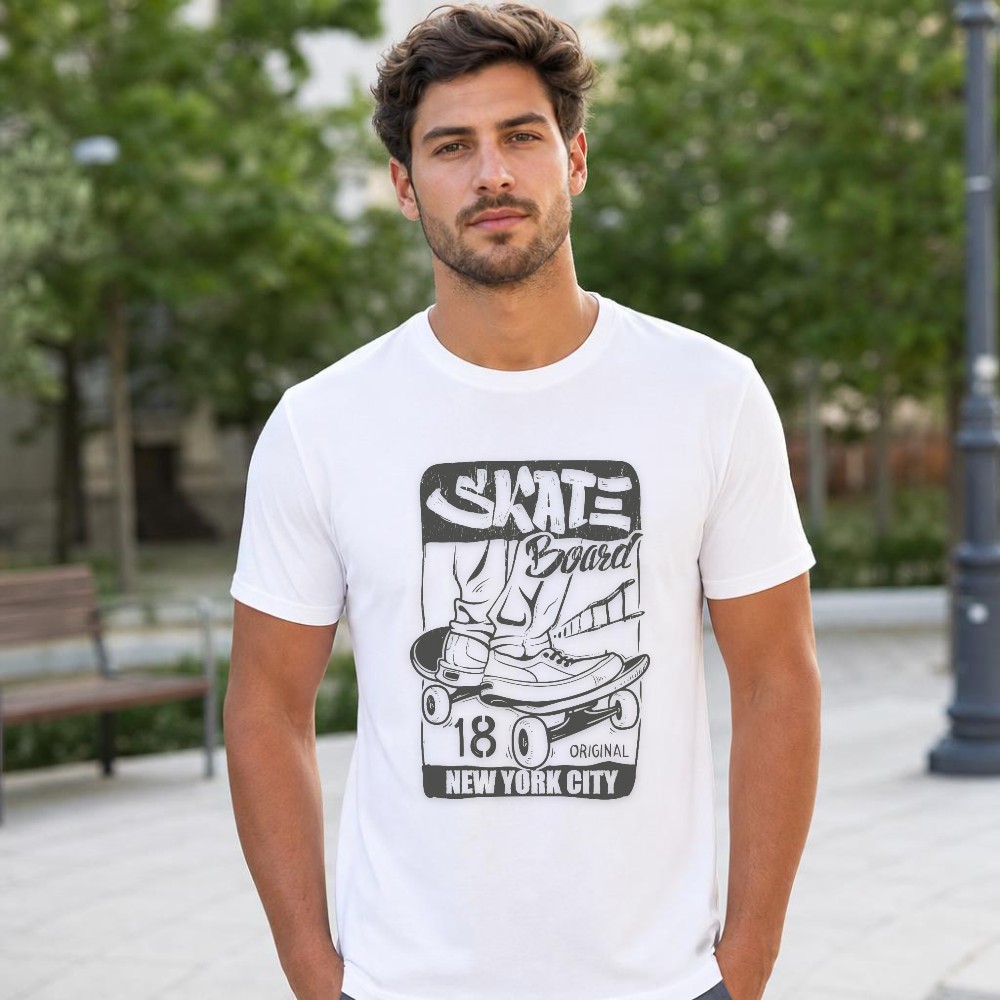 Men'S Shoes York - เสื้อยืดผู้ชายลายกราฟิกสเก็ตบอร์ด นิวยอร์ก ซิตี้ รองเท้าสเก็ตเตอร์ สปอร์ตแนวเมือง แขนสั้น