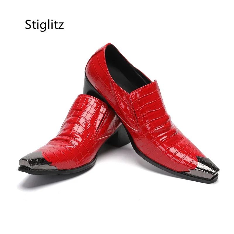 Men'S Shoes Size 42 In Us - รองเท้าหนังแก้วสีแดงสำหรับผู้ชาย หัวโลหะ สวมแบบสลิปออน เหมาะสำหรับใส่ลำลอง ธุรกิจ งานแต่งงาน