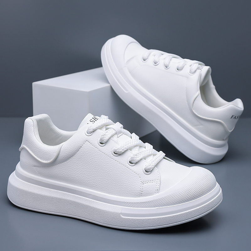 Boat Shoe Leather - รองเท้าหนังสีขาวสำหรับผู้ชาย รองเท้าแฟชั่นลำลองแบบผูกเชือก รองเท้าผ้าใบกันลื่น เพิ่มความสูง รองเท้าใส่ได้ทุกวัน