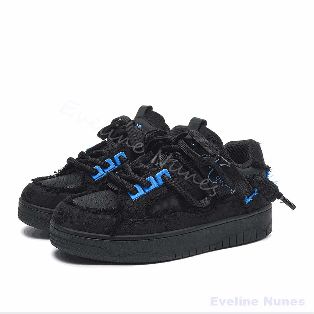 Men'S Shoes Low Top - รองเท้าสเก็ตพื้นหนาสีดำขอบรุ่ย แต่งลายปักสีน้ำเงิน สำหรับผู้ชายและผู้หญิง รองเท้าหุ้มข้อต่ำ สไตล์สตรีท ฮิปฮอป