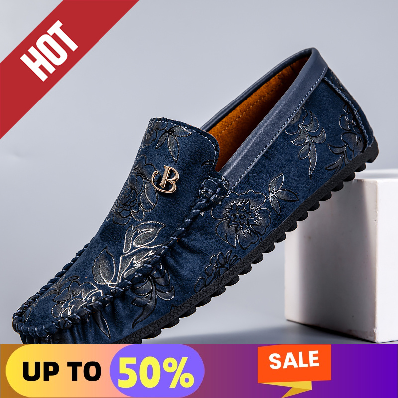 Boat Shoe Leather - หนังLoafersผู้ชายออกแบบMoccasinดอกไม้นุ่มแบนสบายๆรองเท้าผู้ชายขับรถชายรองเท้าHandmadeเรือรองเท้า